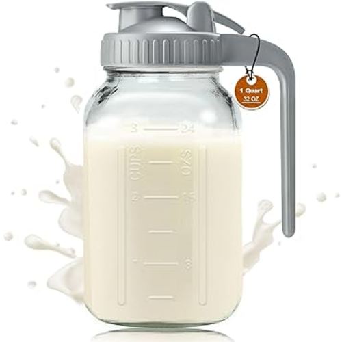 Glass Pitchers with Lid and Handle, 32oz Breast Milk Pitcher, 1 Quart Wide Mouth Mason Jar, Leak-proof Glass Water Pitcher, Creamer Container for Cold Brew, Sun Tea, Juice, Iced Coffee-Gray/1 Pack