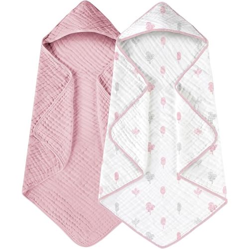 Yoofoss Hooded Baby Towels for Newborn 2 Pack 100% Muslin Organic Cotton Baby Bath Towel with Hood for Babies, Infant, Toddler and Kids, 32x32Inch, Soft and Absorbent Newborn Essential,Pink&Wh Leaf