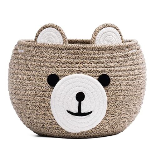 CherryNow Baby Basket for Nursery, Bear Gift Baskets for Kids, Baby Shower Basket with Handles, Small Cute Animal Baskets, Light Brown, 10.5"D x 8.5"H