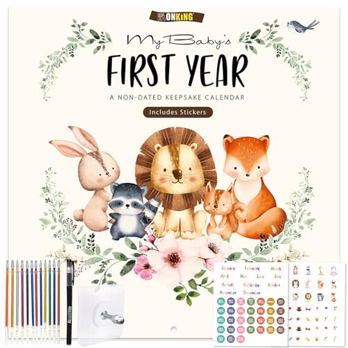 Baby's First Year Calendar with Stickers - 1st Year Tracker and Memory Book for Girls and Boys - Document and Cherish Milestones with Pocket and Drill Free Adhesive Hook
