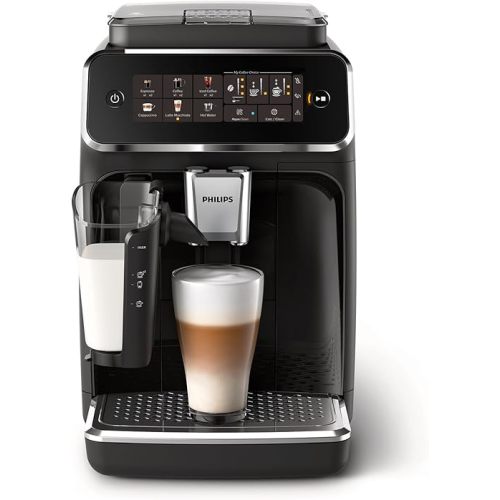 PHILIPS Series 3300 Fully Automatic Espresso Coffee Machine - 6 Hot & Iced Drinks, LatteGo Milk System, 40% Quieter SilentBrew, Ceramic Grinder, Aquaclean Filter, Glossy Black (EP3341/50)