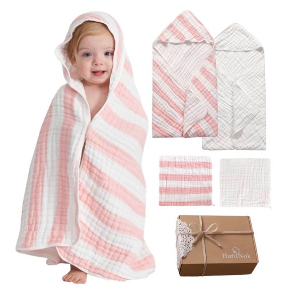 Amazon.com : HardNok Muslin Hooded Baby Towel 4 Pack, 100% Organic Premium Cotton, (2) 6-Layer 32x32 Bath Towels & (2) Washcloths, Soft Newborn & Infant Gift Set (Pink Stripe & White) : Baby