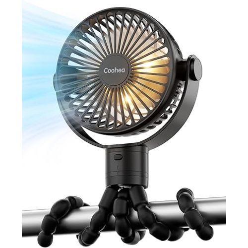 Stroller Fan with Lights, Detachable Flexible Tripod Clip on, Rechargeable Battery Powered, 3 Speeds Wind, 360° Rotatable, Small Portable Fan for Baby Car Backseat Crib Travel, Black