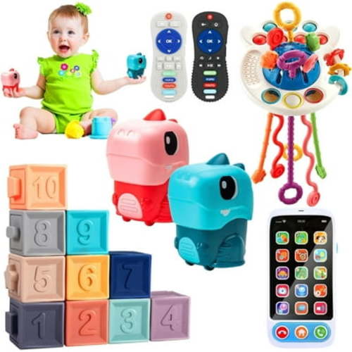 5 in 1 Montessori Baby Toys Set for Ages 6-36 Months - Pull String Teether, Analog Cell Phone, Sensory Shapes Simulation Remote Control,Baby Gifts(Dinosaur Toy car)