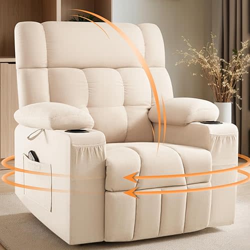 Jocisland Large Swivel Rocking Recliner Chair for Adults, Lazy Boy Manual Glider Rocker Reclining with Cupholder & Side Pocket for Living Room Bedroom Nursery, Linen Beige
