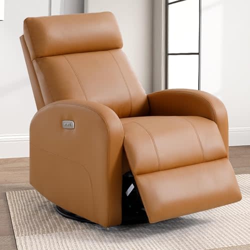 HOMYKA Power Recliner, Faux Leather Swivel Rocker Recliner Chair with USB Port, Swivel Rocking Reclining Chair Glider Recliner for Adults Living Room,Brown