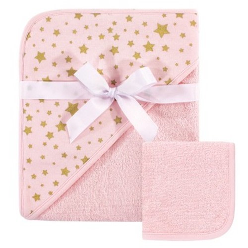 Hudson Baby Infant Girl Cotton Hooded Towel And Washcloth 2pc Set, Pink Gold Star, One Size