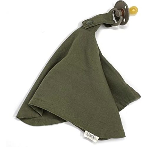 Kishu Baby Indi Organic Paci Blanket - Fairtrade & GOTS Certified 100% Organic Cotton Muslin Mini Baby Blanket with Snap to Secure Baby Pacifier - Pacifier Not Included (Dark Olive)