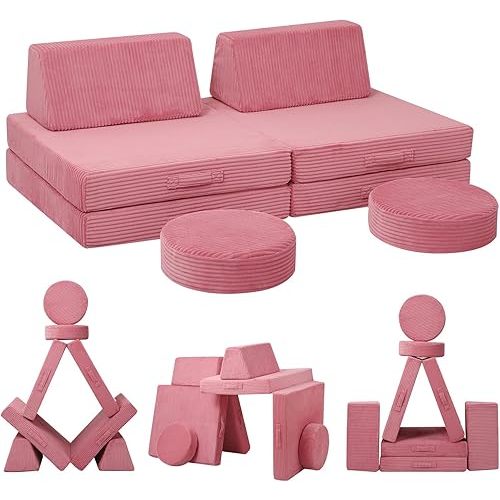 MeMoreCool Kids Couch for Playroom, Corduroy Convertible Toddler Couch, 8 Piece Modular Play Sofa, Foam Fort Building Set for Child Room Furniture, Pink
