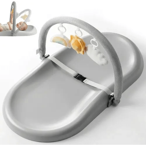 Wipe-Clean Baby Changing Pad, Waterproof Durable PU Pad, Soft & Non-Slip Safety Belt & Hanging Toys, Easy to Adjust & Removable Bar, Gray