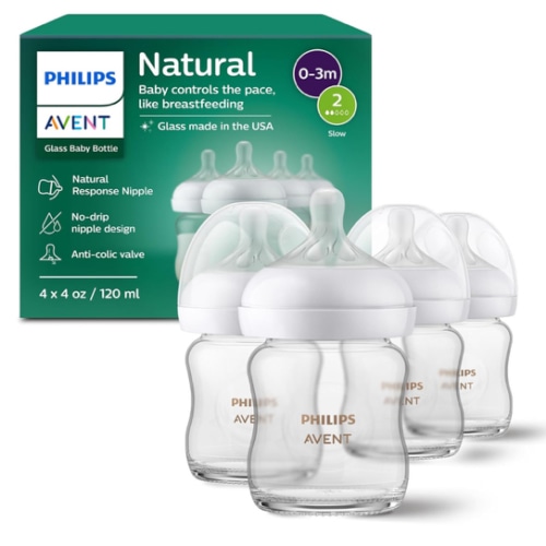 Philips Avent Natural Glass Baby Bottles with Natural Response Nipples (Slow Flow, Flow 2), 4oz, 4-Pack, SCY910/04