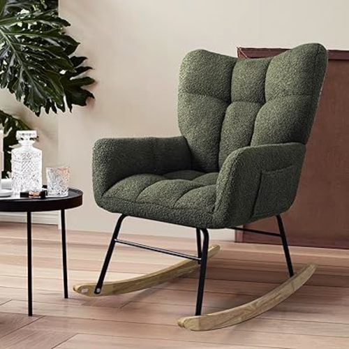 Rocking Chair Nursery, Teddy Upholstered Glider Rocker with High Backrest, Reading Chair Modern Rocking Accent Chairs Glider Recliner for Living Room, Nursery, Bedroom (Deep Green)