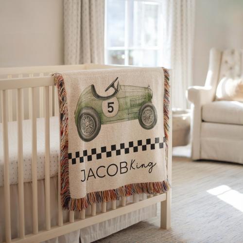 Personalized Race Car Baby Blanket, Custom Name Checkered Throw For Boys, Neutral Racing Nursery Decor, Baby Shower Gift race baby gift
