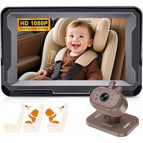 AMTIFO Baby Car Camera with Night Vision: 1080P HD Rear-Facing Backseat Camera, 4.3 Inch Display, 150° Wide-Angle, Real-Time Video for Newborns & Toddlers, Easy Install, Rabbit Design - Brown