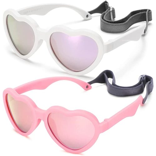 Baby Sunglasses 0-24 Months, Toddler Infant Heart Shape Polarized Baby Beach Shades - White/Purple Mirrored + Pink/Pink Mirrored