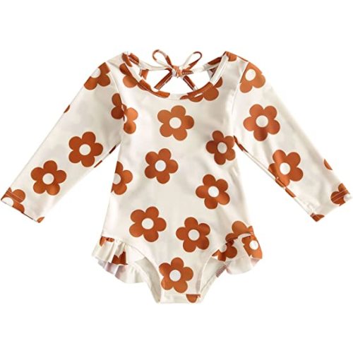 Karuedoo Baby Girls One Piece Swimsuit Zip Rash Guard Swimwear Ruffled Long Sleeve Bathing Suit