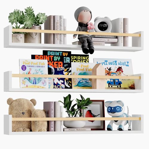 Fairy Nursery Book Shelves, 23.6 Inch Floating Bookshelves for Wall Set of 3, Baby Nursery Decor, Solid Wood Wall Mounted Shelves for Books, Toys and Decor Storage (White and Natural Wood)