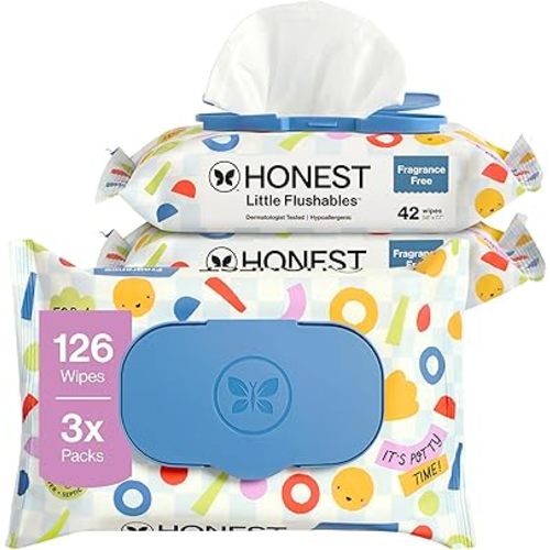 The Honest Company Plant-Based Toddler Flushable Wipes, 99% Water Hypoallergenic EWG Verified Wipes for Potty Training, Fragrance-Free and Safe to Flush, 126 Count