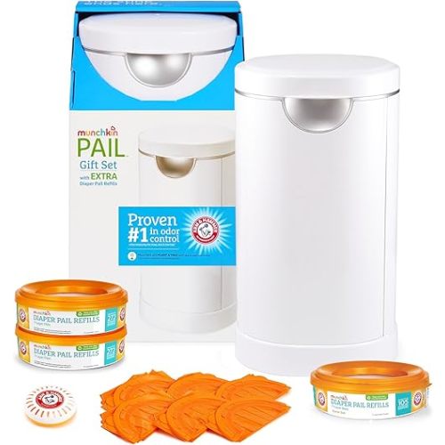 Munchkin® PAIL™ Diaper Pail, Powered by Arm & Hammer, Includes 6 Snap, Seal and Toss™ Bags, 2 Refill Rings, 1 Starter Refill Ring, and 1 PUCK™ Baking Soda Cartridge