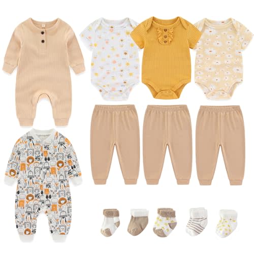 Ruliby Ribbed Baby Bodysuits and Zip Romper Cotton Pants Clothes Sets 0-12 Months