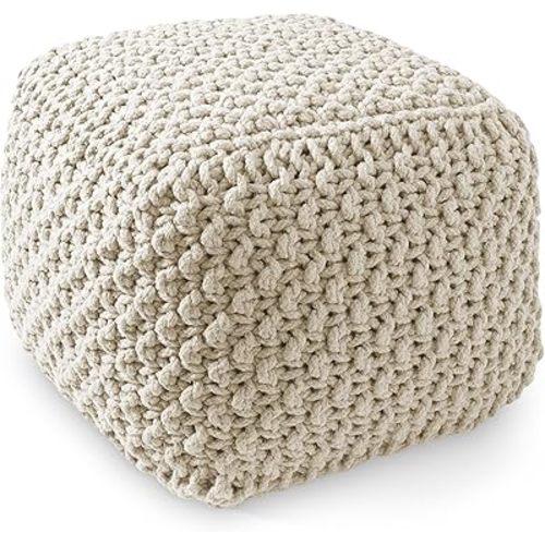 Casafield Square Pouf Ottoman, Natural - 18.5" W x 18.5" D x 14.5" H Cotton Knit Foot Stool - Boho Floor Pouffe for Living Room, Bedroom, Home Office