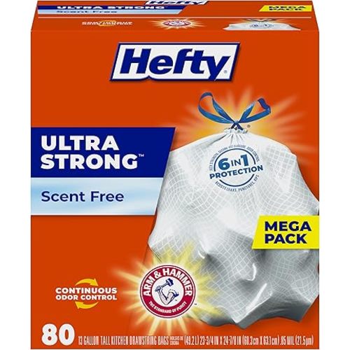 Hefty Ultra Strong Tall Kitchen Trash Bags, Unscented, 13 Gallon, (80 Count)