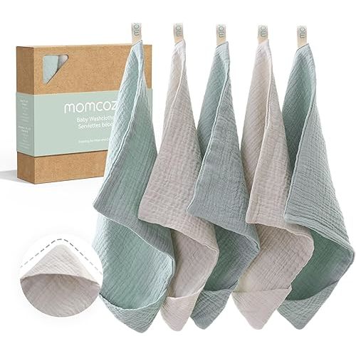 Momcozy Soft & Absorbent Baby Washcloths - 4 Layer Design| Medium Thickness| Premium Cotton for Newborns' Skin-Great for Bathing, Wiping & on-The-go Use, Shower Gift and Essential(5 Pack, 10x10 inch)