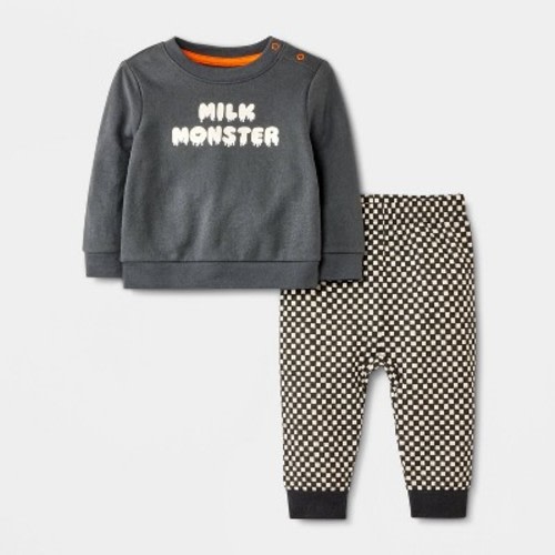 Baby Halloween Checkered Milk Monster French Terry Sweatshirt & Jogger Pants Set - Cat & Jack™ Black 6-9M