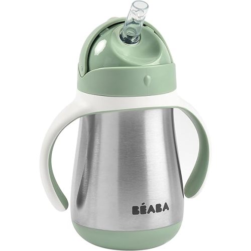 Beaba Stainless Steel Straw Sippy Cup, Insulated Toddler Cups Spill Proof with Removable Handles, Made with High Grade Stainless Steel, 8+ Months, 8.5 oz, (Sage)