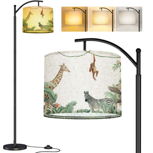 Arc Floor Lamp Jungle watercolor children s drawing Tropical plants giraffe zebra Tall Modern Standing Lamp LED Adjustable Linen Lampshade 3 Color Temperatures