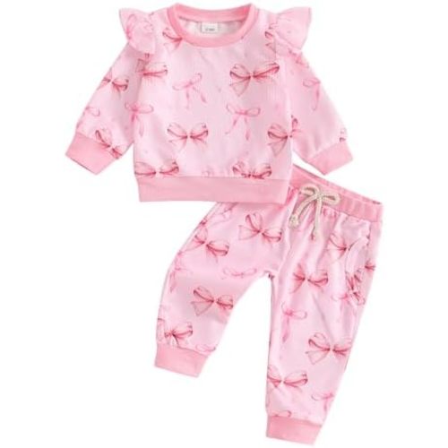NZNDSHD Fall Baby Girl Clothes Ruffle Long Sleeve Bow Print Sweatshirt Top Pants Set 2Pcs Waffle Knit Outfit