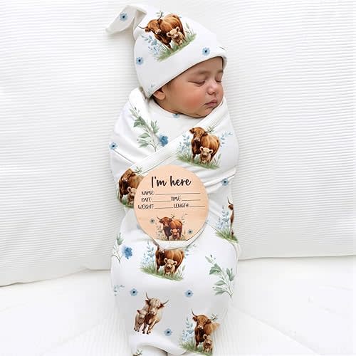 Ylsteed Baby Highland Cow Swaddle Blanket and Headband Set, Newborn Receiving Blanket Swaddle Wrap for Girls and Boys, Swaddling Blankets Neutral for Newborn 32 * 32 in (Highland Cow Blue)