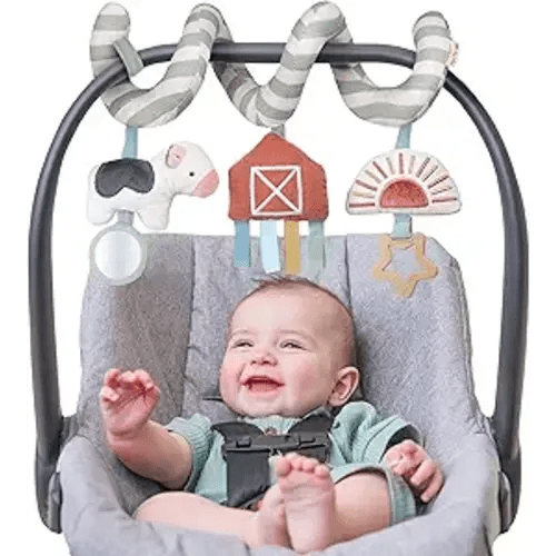 Itzy Ritzy Spiral Car Seat & Stroller Activity Toy - Stroller & Car Seat Toys for Ages 0 Months and Up - Hanging Toys Include Dangling Ring, Mirror and Textured Ribbons (Farm)