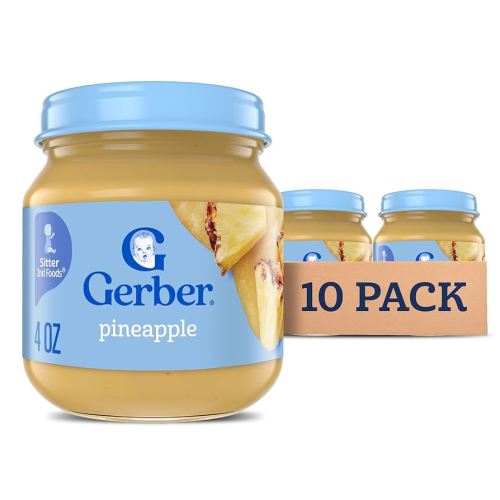 Gerber Stage 2 Baby Food, Pineapple Jar, Fruit Puree, Vitamin C, Non-GMO, Baby Food Fruit, Puree Jars Glass, 10-pack