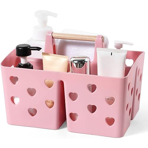 Anyoifax Portable Shower Caddy Plastic Shower Basket Organizer Divided Bathroom Storage Cleanning Caddy Tote with Handle for College, Dorm Room, Kitchen, Pink