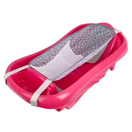 The First Years Sure Comfort Deluxe Adjustable Baby Bathtub - Baby Tubs For Infants to Toddler - Includes Infant Bath Sling - Pink - Deluxe Tub