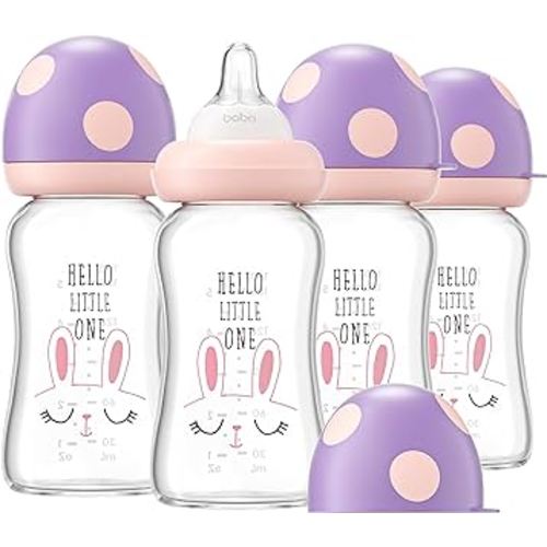 YOHKOH Natural Glass Baby Bottle with Natural Response Nipple, Newborn Anti-Colic Baby Bottles, Wide Neck Mushroom Cap Baby Bottle, Clear ((5.4oz (Pack of 4), Purple)
