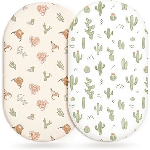 Bassinet Sheets for Baby Girls Boys 2 Pack, Fitted Baby Mattress Sheet for Rectangle, Oval, Hourglass Bassinet Mattress, Breathable Cozy & Universal Fit (Cactus Cozy)