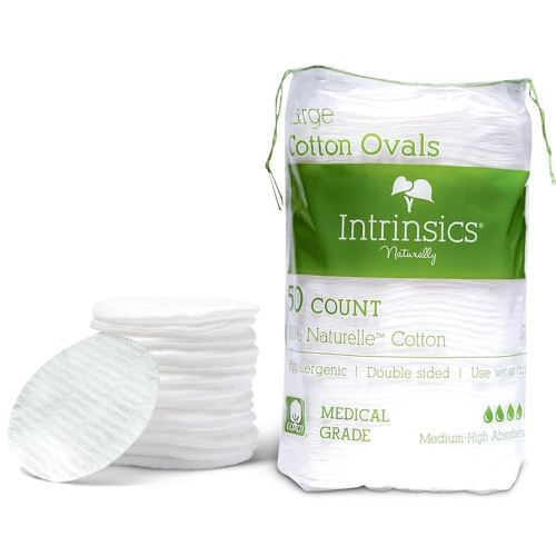 Intrinsics Premium Cotton Ovals (50 Count) – Dual-Sided 3” Medium-High Absorbency Large Cotton Pads, Lint-Free Hypoallergenic Cotton for Makeup Removal, Cleansing, and Exfoliation
