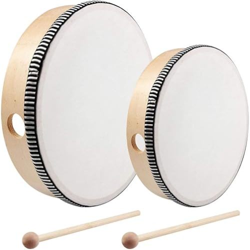 Nydotd 10 Inch & 8 Inch Hand Drum Kids Percussion Wood Frame Drum with Drum Stick Percussion Instruments Preschool Musical Education Children Performance Pro Hand Drum with Wooden Drum Beater