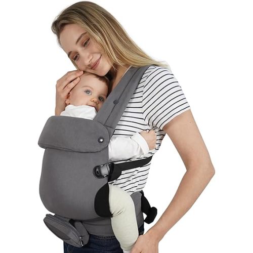 Upgraded Baby Carrier Newborn to Toddler- Ergonomic Breathable Comfort Stable Structure, with Mobile Phone Bag, Bottle Bag, Windproof Cover, Hands-Free For Babies 7-44lbs, Adult Waistline 37-54in,Gray