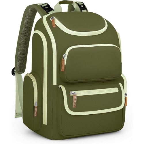 Mancro Diaper Bag Backpack for Woman, Waterproof and Lightweight Large Capacity Baby Diaper Bag, Multipurpose Travel Diaper Bag for Dads Moms,Green and Brown
