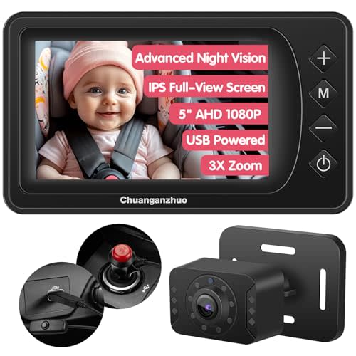 Chuanganzhuo S100U Baby Car Camera with Advanced Night Vision, 3X Zoom, USB Powered, 5'' AHD 1080P IPS Crystal-Clear Car Baby Monitor, Backseat Camera for Kids Infants Rear Facing, 5inch Black