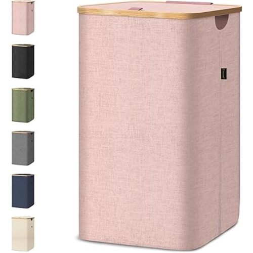 BALEINE Laundry Hamper with Lid, Tall Laundry Baskets with Bamboo Pull Handles, Large Laundry Bin with Internal Support (26 Gal/100L, Pink)