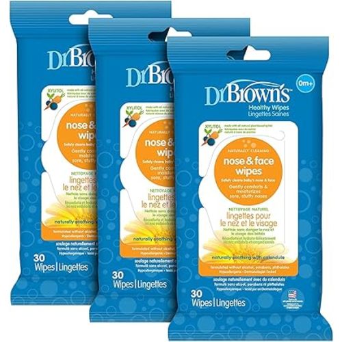 Dr. Brown's Healthy Nose and Face Wipes, Naturally Cleaning and Moisturizing for Baby & Toddler, Plant Based and Hypoallergenic, 30 Count, 3 Pack