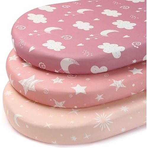 Baby Bassinet Sheets Girl Boy, 3 Pack Fitted Bassinet Mattress Sheets, 32”x16” Universal Fit for Cradle Moses Basket Oval Rectangle Round Hourglass Mattress, Super Soft Pink Stars