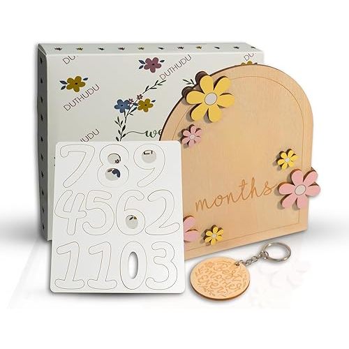Monthly Baby Milestone Signs - Baby Monthly Milestone Wooden Circles for 1-12 Month Photos & Gender Neutral Announcement Cards (Flower)