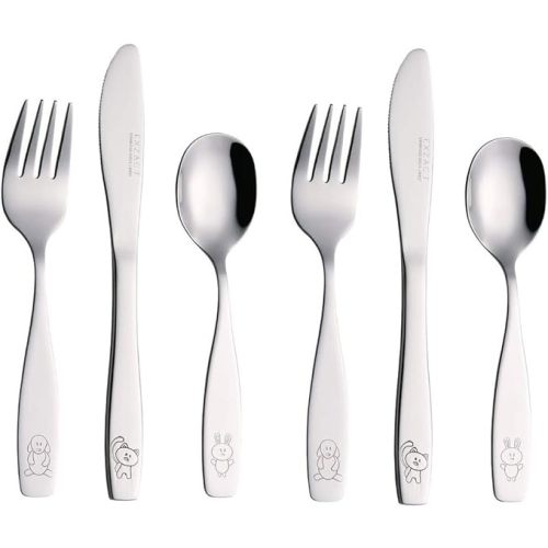 Exzact Children's Flatware Kids Silverware 6pcs, Toddler Utensils, Dishwasher Safe, 24 Months+ - 6 Piece Set - Dog Cat Bunny x 6