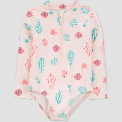 Carter's Just One You®️ Baby Girls' Long Sleeve Starfish And Fish Printed One Piece Rash Guard - Pink 18m: Upf 50+, Highneck