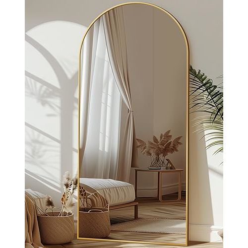 Full Length Mirror, 71"x32" Arched Full Body Mirror, Floor Mirror with Stand, Standing Hanging Leaning Against Wall,Aluminum Frame Large Mirrors for Bedroom Cloakroom, Living Room, Gold